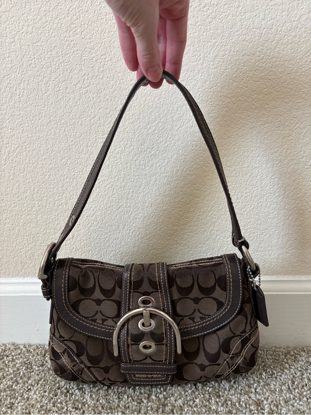 Vintage Coach Soho 10296 Signature Monogram Chocolate Brown Buckle Shoulder Bag